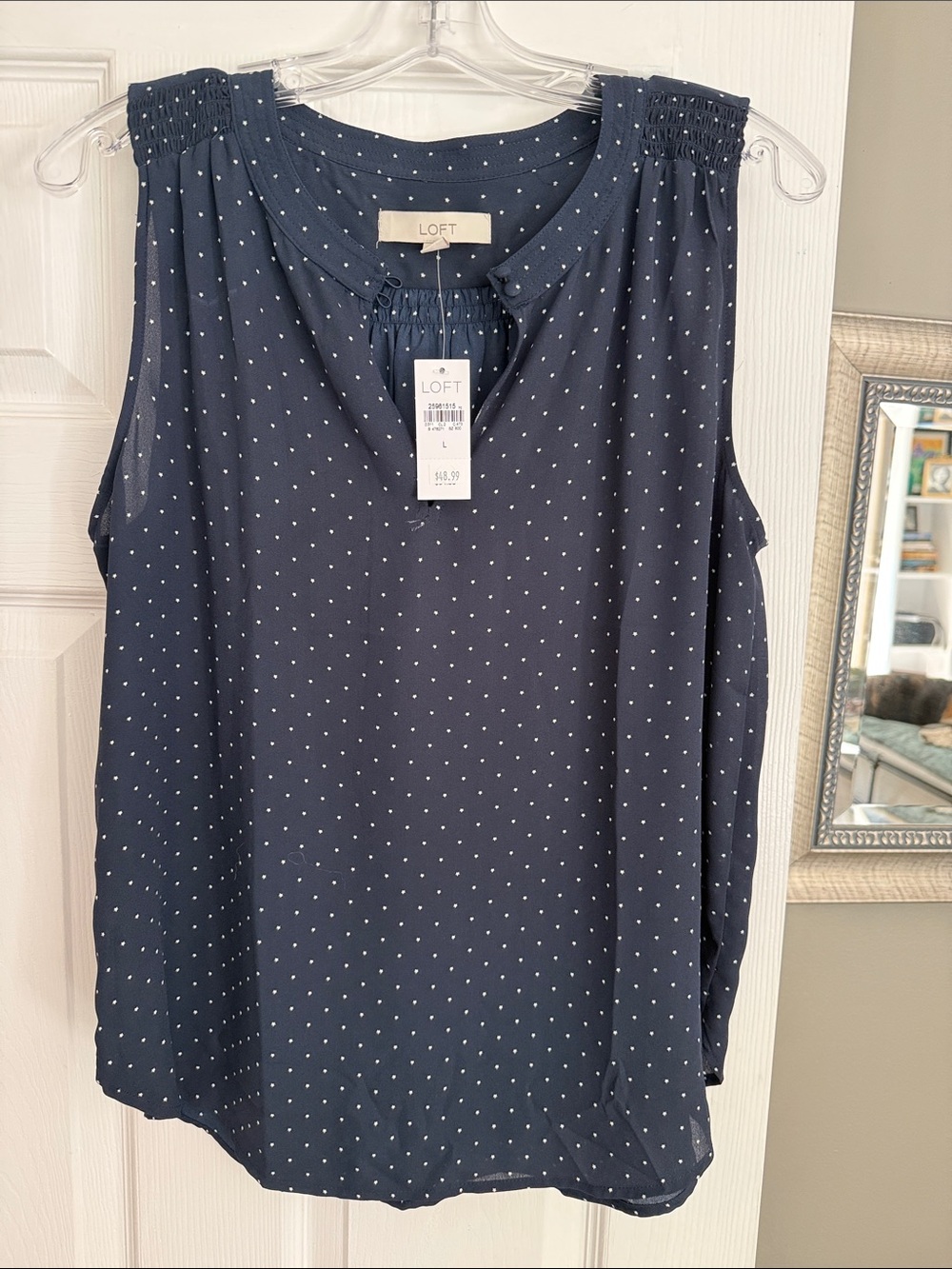 LOFT Navy Polka Dot Sleeveless Camisole with Smocked Shoulders
